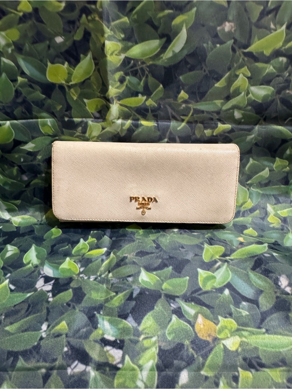 Prada Cream Saffiano Leather Continental Wallet with Gold Logo